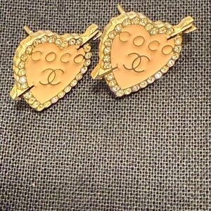 CHANEL Gold Pink Heart Earrings with Crystals